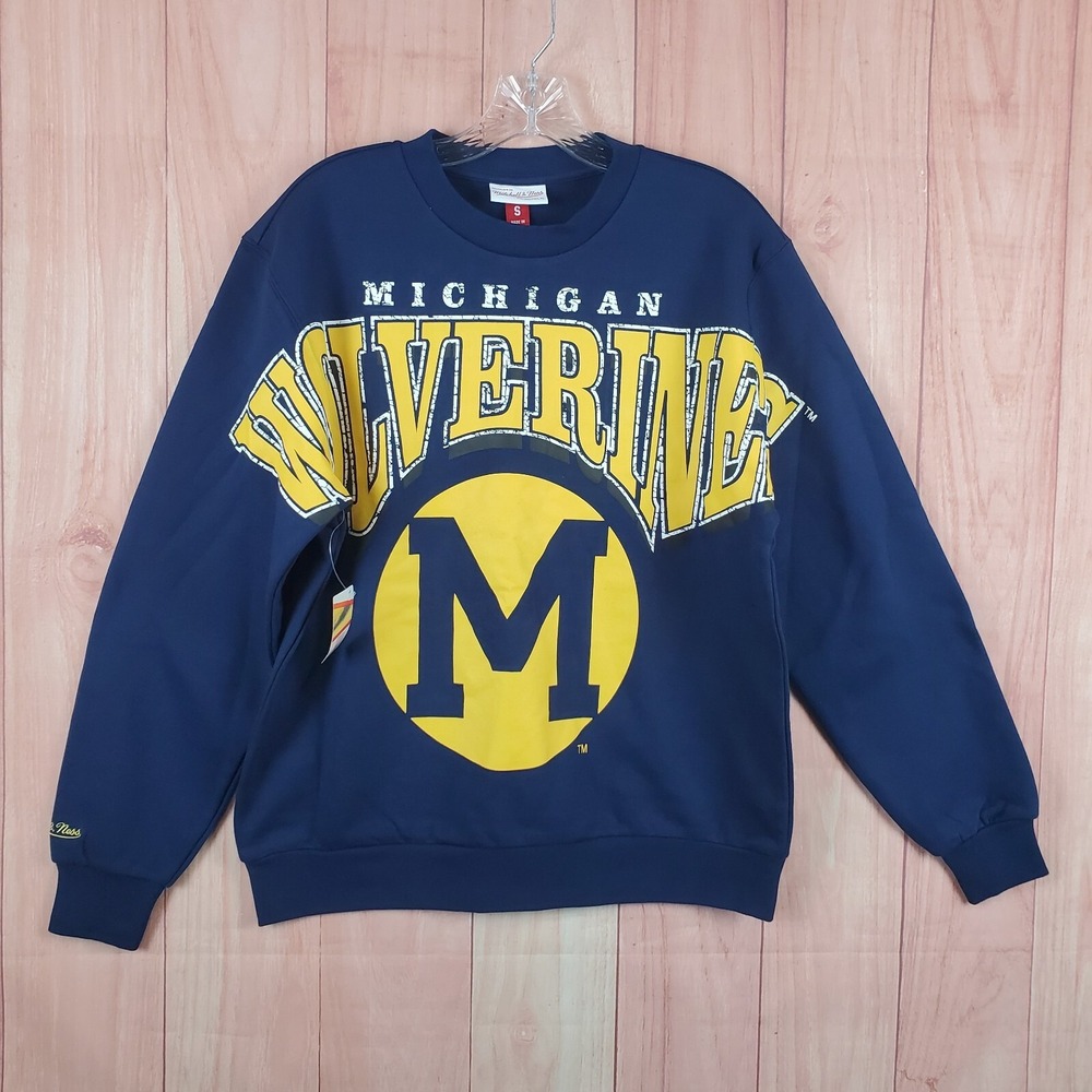 Mitchell & Ness Mens Sweatshirt Small Navy Blue Fleece Lined Michigan Wolverines